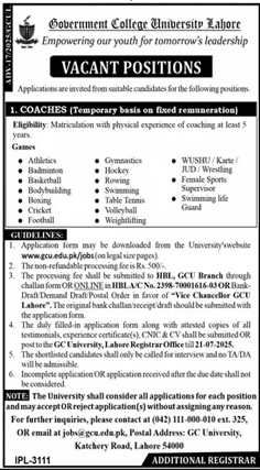Jobs in Government College University Lahore